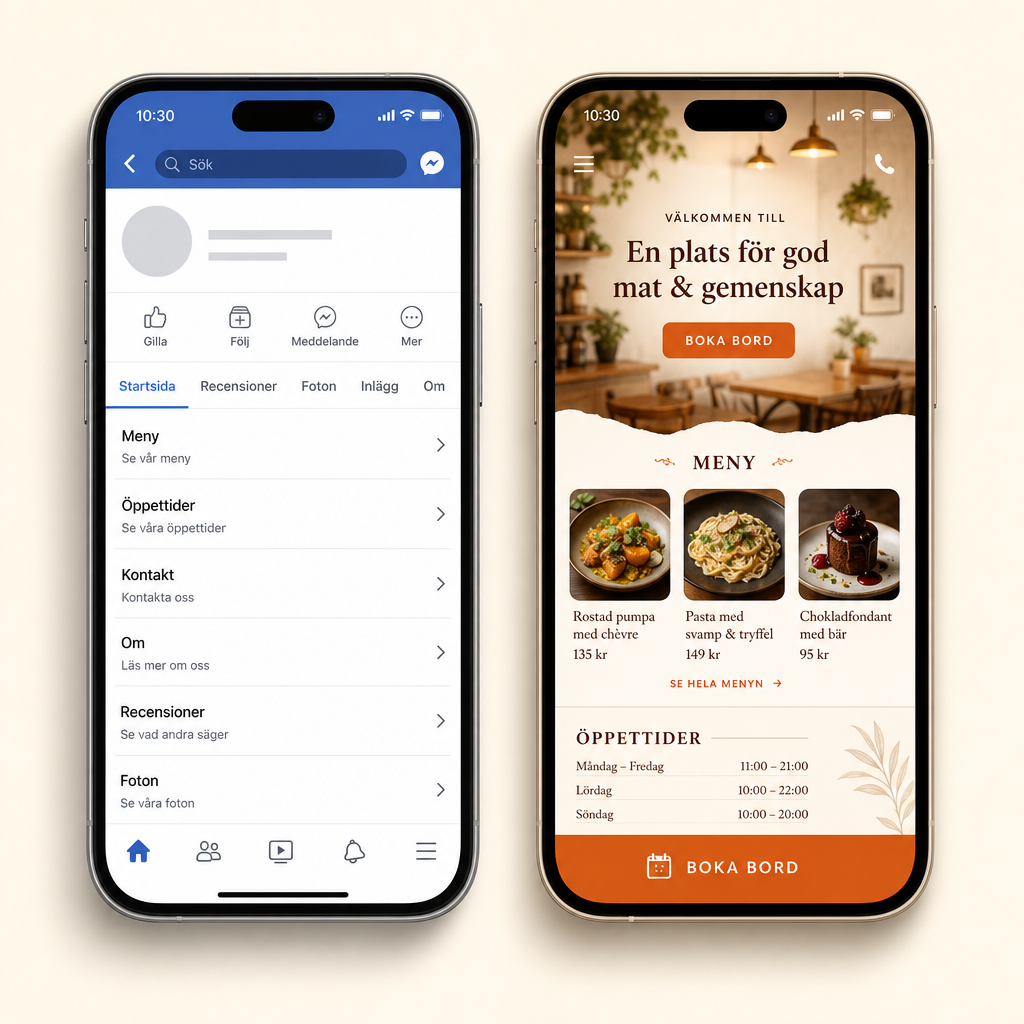 Två mobiler bredvid varandra: den vänstra visar en enkel Facebook-sida medan den högra visar en modern caféhemsida med meny, rätter, öppettider och bokningsknapp skapad av Pixora